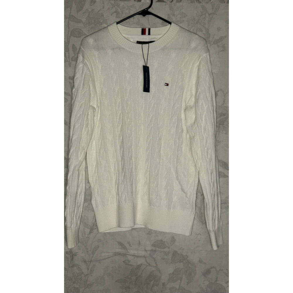 Tommy Hilfiger Men's Cable Knit Sweater White Crew Neck Long Sleeve Size M